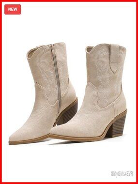 Women's Cowboy Ankle Boots with Embroidery Faux Suede Pointed Toe